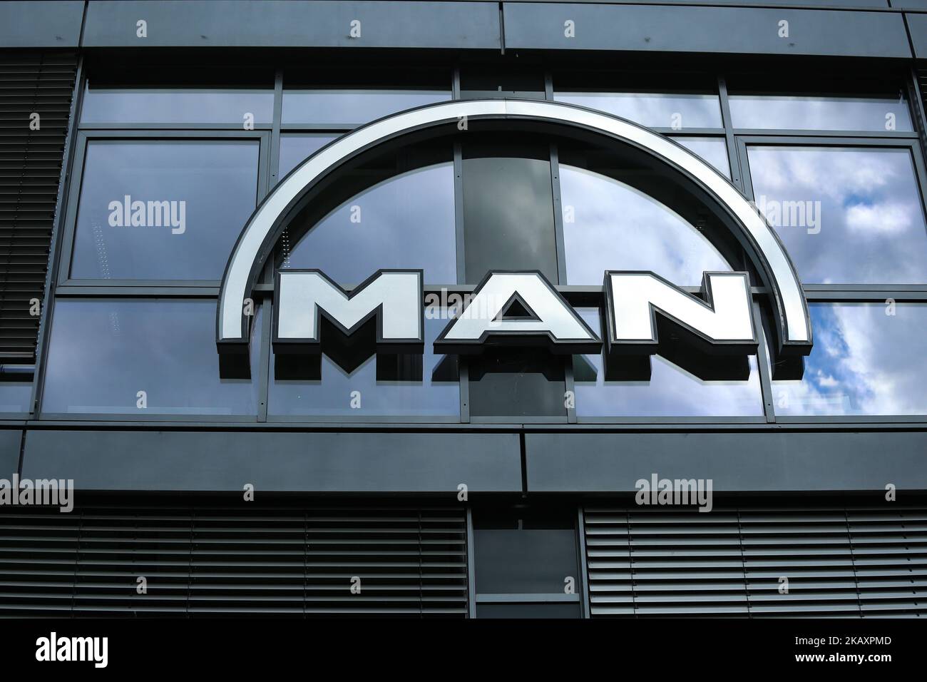 The logo of the German mechanical engineering company MAN is seen in Munich, Germany on April 30, 2018. (Photo by Alexander Pohl/NurPhoto) Stock Photo