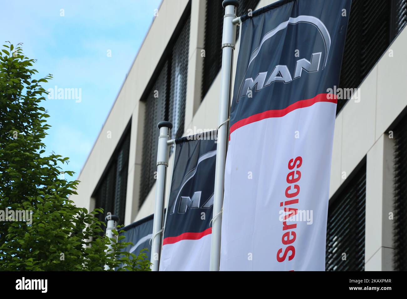 The logo of the German mechanical engineering company MAN is seen in Munich, Germany on April 30, 2018. (Photo by Alexander Pohl/NurPhoto) Stock Photo