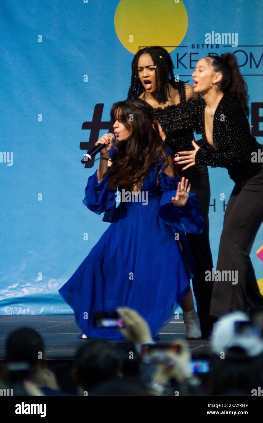 Camila Cabello performs on stage during an event with Michelle Obama to  promote higher education, at Temple Universitys Liacouras Center, in  Philadelphia, PA on May 2, 2018. The Former First Lady is, image size:865x1390