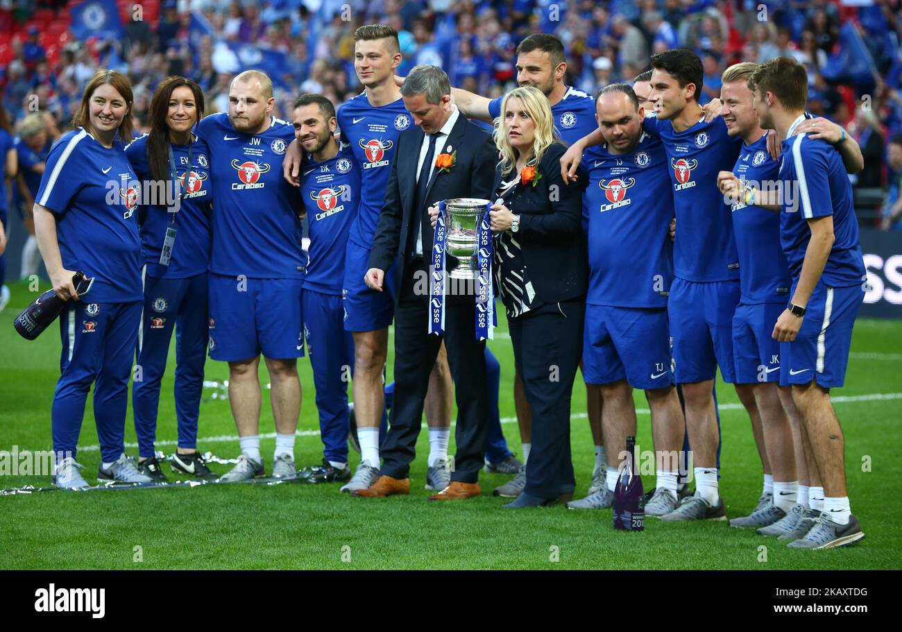 Chelsea Ladies Head Coach Emma Hayes with Trophy and her back up staff during The SSE Women's FA Cup Final match between Arsenal against Chelsea Ladies at Wembley in London, UK on May 5, 2018. (Photo by Kieran Galvin/NurPhoto)  Stock Photo