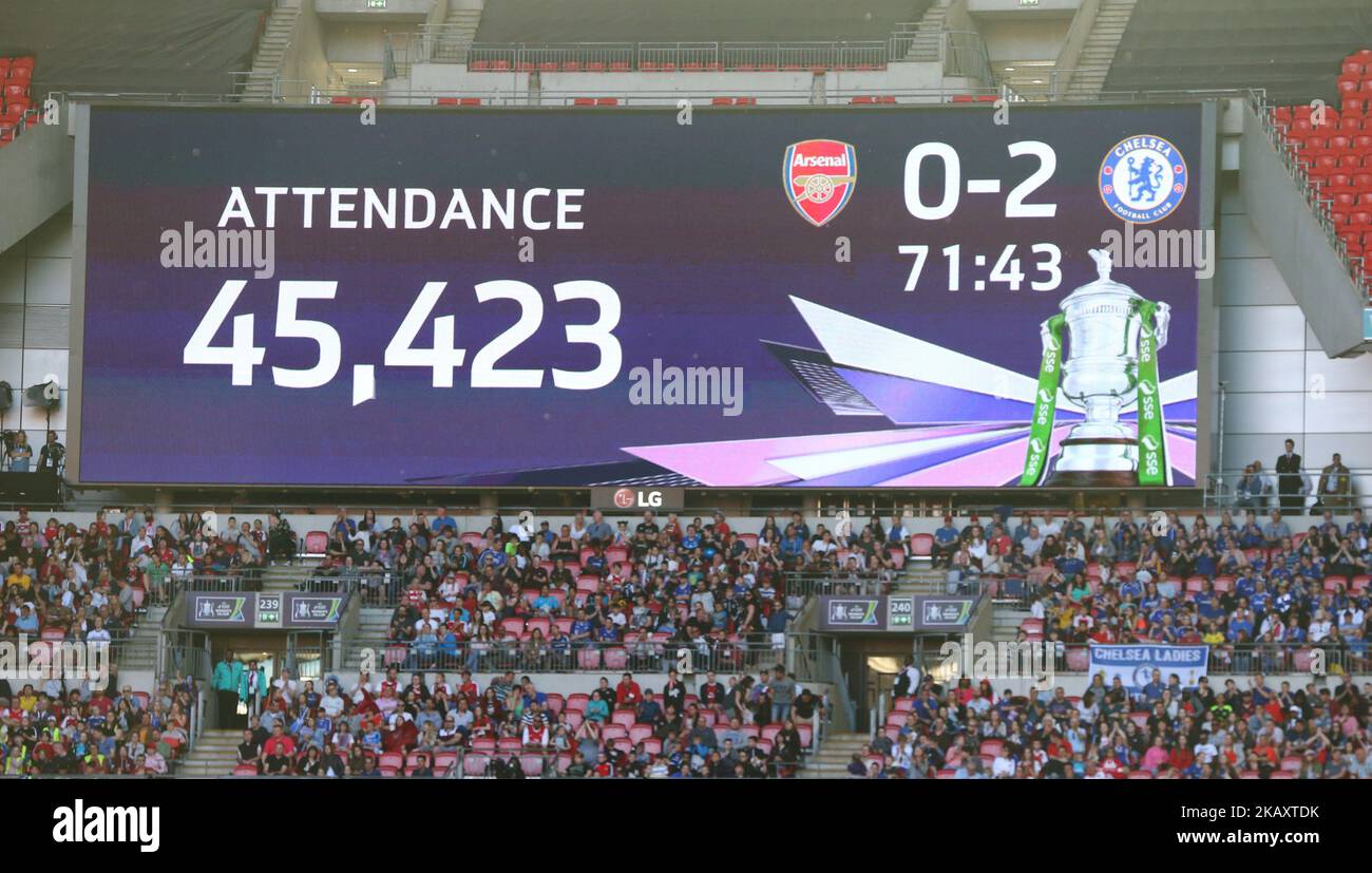 Record Attendance for Women gam at Wembley during The SSE Women's FA Cup Final match between Arsenal against Chelsea Ladies at Wembley in London, UK on May 5, 2018. (Photo by Kieran Galvin/NurPhoto)  Stock Photo