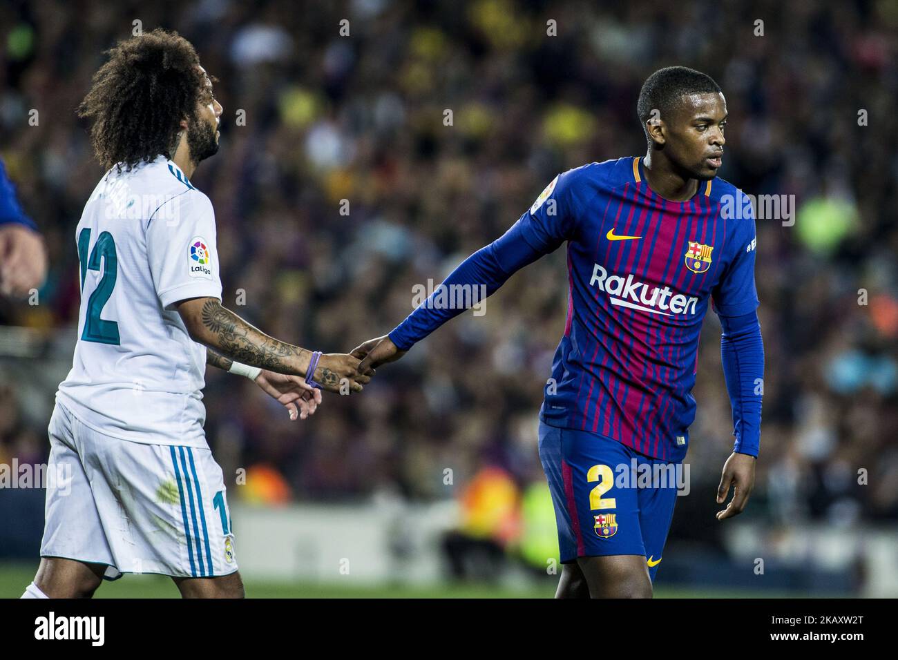 12 Marcelo Vieira da Silva from Brazil of Real Madrid and 02 Nelson Semedo from Portugal of FC Barcelona during the La Liga derby football match between FC Barcelona v Real Madrid at Camp Nou Stadium in Spain on May 6 of 2018. (Photo by Xavier Bonilla/NurPhoto) Stock Photo
