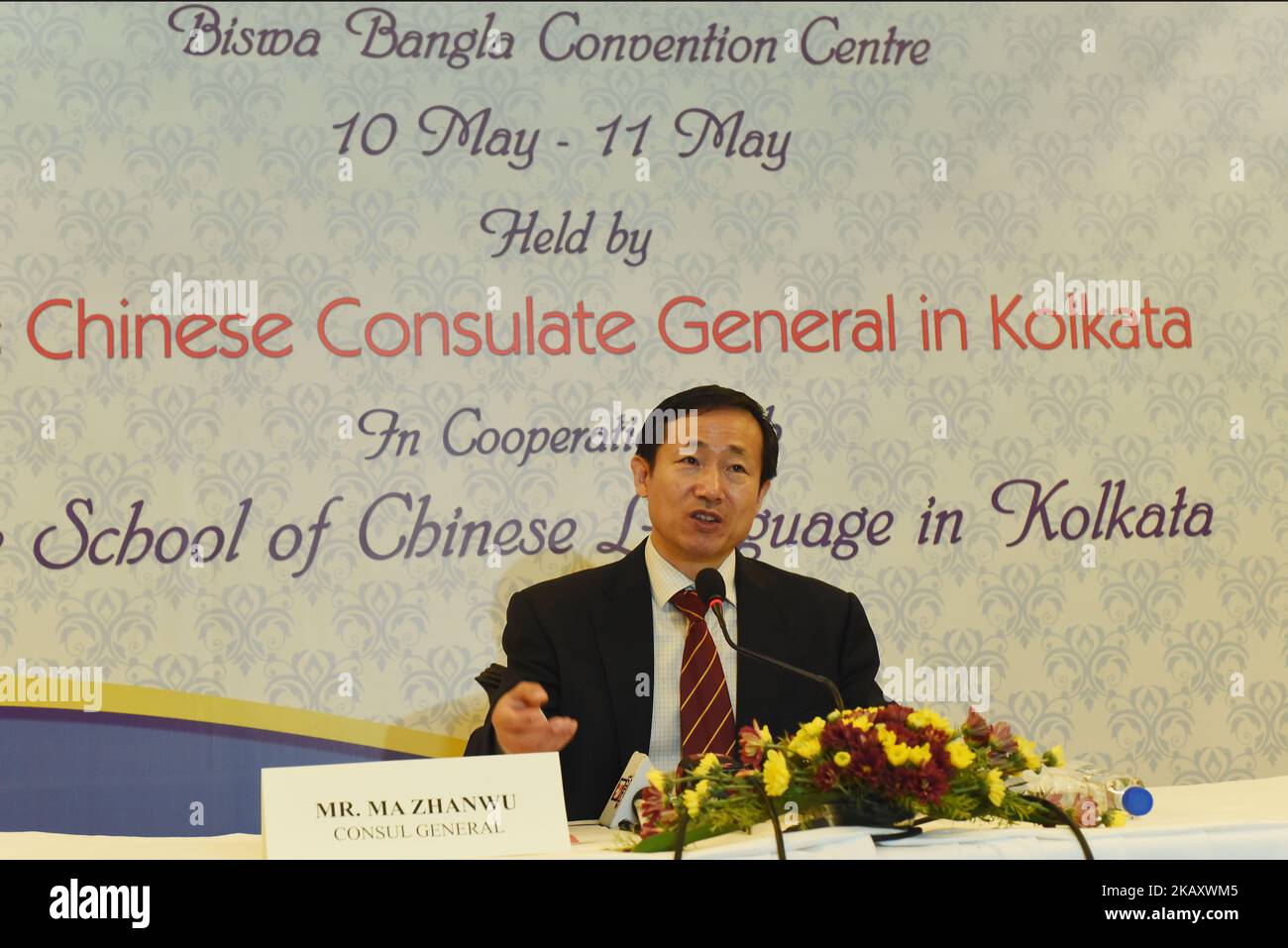 Chinese Consul General in Kolkata Mr. Ma Zhanwu at the meet the press and annucuces The Consulate General of the People's Republic of China in Kolkata ,In cooperation with the school of Chinese Language in Kolkata,will hold Chinese Higher Education Expo 2018 at Biswa Bangla Convention center in Kolkata 10 th to 11th May 2018 and 60 Chinese University from eleven provinces and municipalities will attend the Expo. On May 07,2018 in Kolkata,India. (Photo by Debajyoti Chakraborty/NurPhoto) Stock Photo