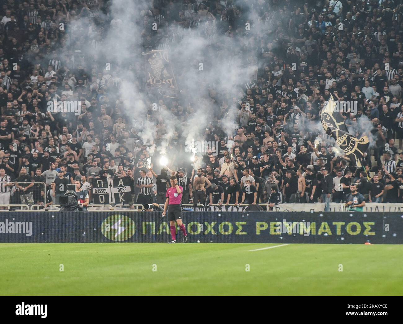 Clashes between fans and riot police during the Greek Cup Final between AEK Athens F.C. and PAOK FC at Athens Olympic Sports in Athens, Greece on May 12, 2018 (Photo by Dimitris Lampropoulos/NurPhoto) Stock Photo