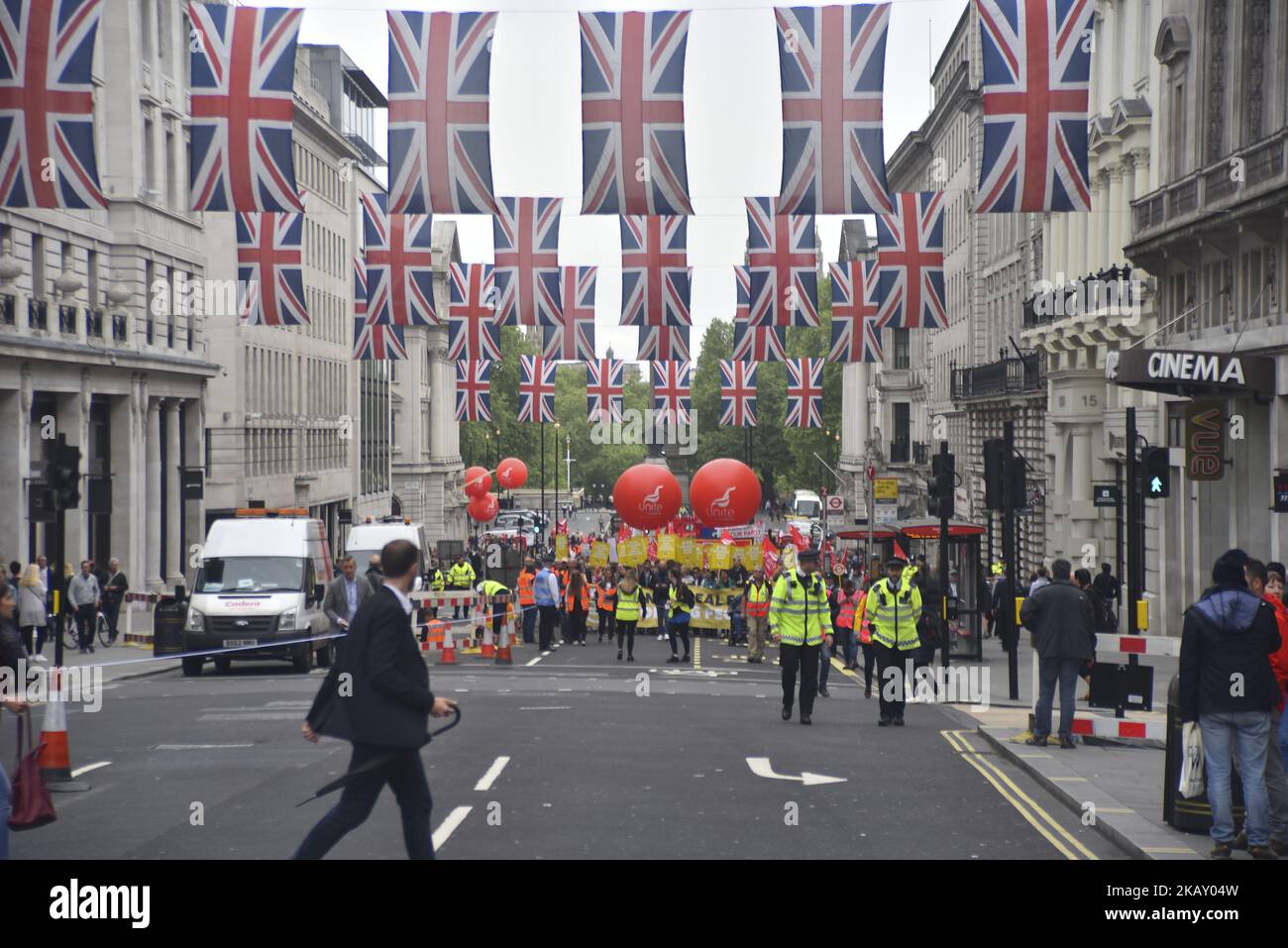 Trades Union Congress (TUC) march through Central London, calling for a new deal for working people, London on May 12, 2018. The TUC called for a national demonstration on May 12 to demand an end to the government's austerity policies and better rights for all in the workplace. (Photo by Alberto Pezzali/NurPhoto) Stock Photo