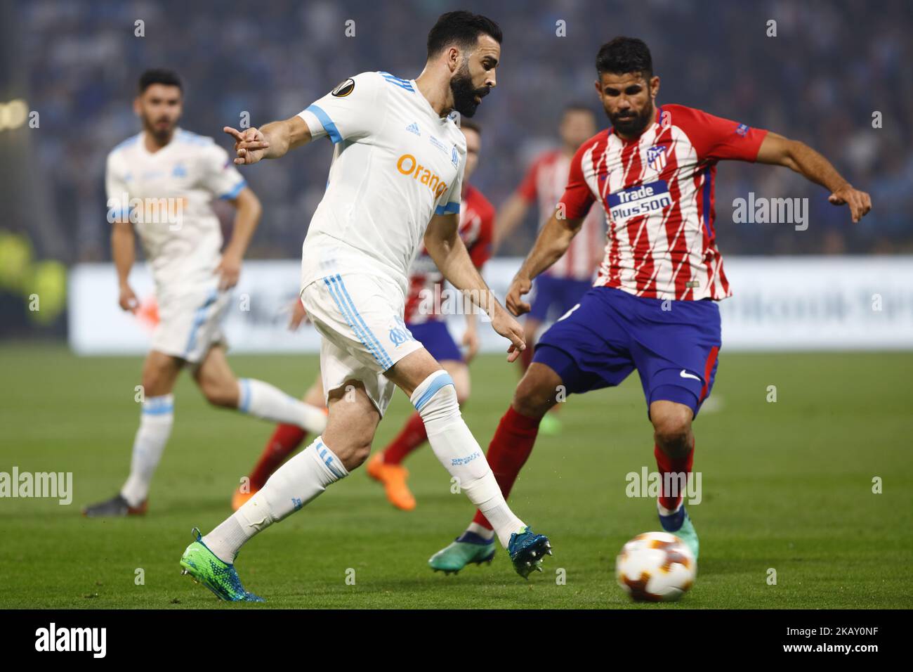 Diego Costa of Atletico Madrid holds off pressure from Adil Rami of Marseille during the UEFA Europa League Final between Olympique de Marseille and Club Atletico de Madrid at Stade de Lyon on May 16, 2018 in Lyon, France. (Phoro by Mehdi Taamallah / NurPhoto) Stock Photo
