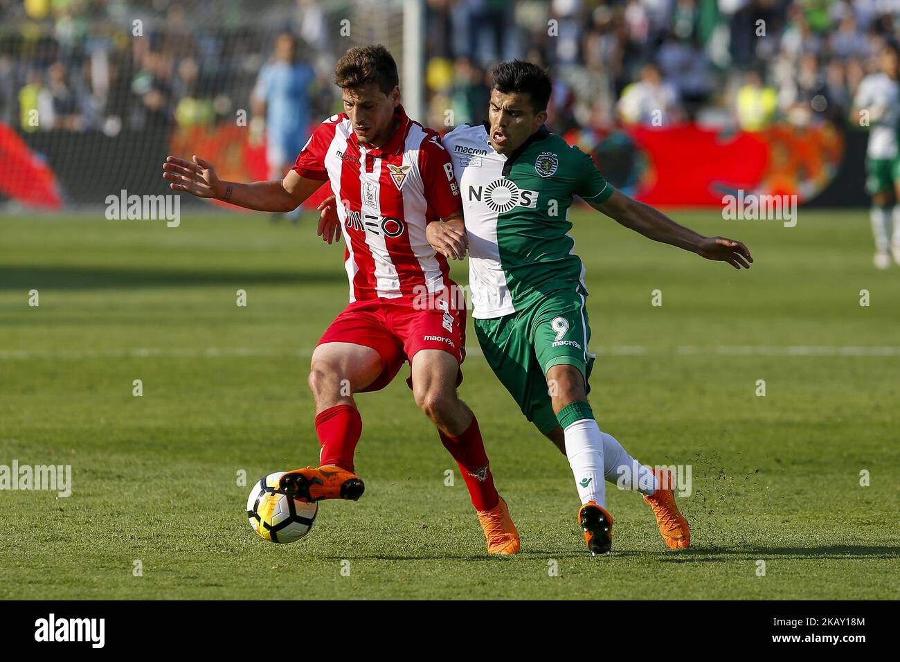 CD Aves Forward Alexandre Guedes from Portugal (L) and Sporting CP Midfielder Marcos Acuna from Argentina (R) during the Portuguese Cup Final match between CD Aves and Sporting CP at Estadio Nacional on May 20, 2018 in Oeiras, Lisboa. (Photo by Bruno Barros / DPI / NurPhoto) Stock Photo