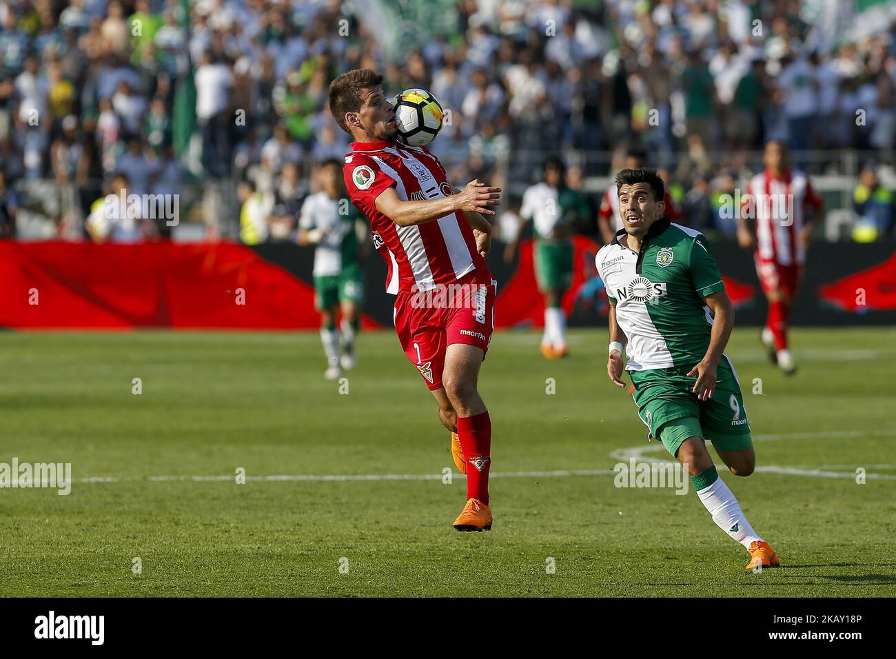 CD Aves Forward Alexandre Guedes from Portugal (L) and Sporting CP Midfielder Marcos Acuna from Argentina (R) during the Portuguese Cup Final match between CD Aves and Sporting CP at Estadio Nacional on May 20, 2018 in Oeiras, Lisboa. (Photo by Bruno Barros / DPI / NurPhoto) Stock Photo