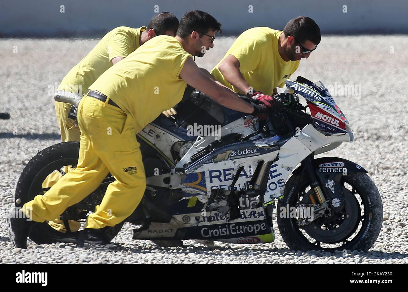 Accident of Tito Rabat (Ducati Reale Avintia Racing) during the Moto GP  test in the Barcelona Catalunya Circuit, on 23th May 2018 in Barcelona,  Spain. -- (Photo by Urbanandsport/NurPhoto Stock Photo - Alamy