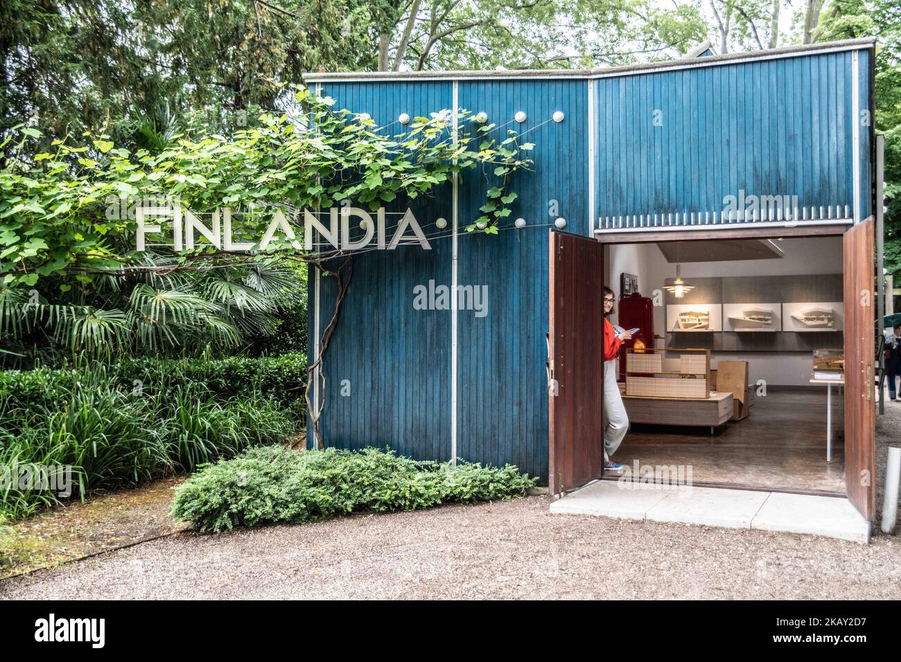 Finland's representation at the 16th International Architecture Exhibition of La Biennale di Venezia in Venice, Italy, on May 23, 2018 responds to the theme 'Freespace' by transforming the Alvar Aalto Pavilion of Finland into a temporary library space. (Photo by Giacomo Cosua/NurPhoto) Stock Photo