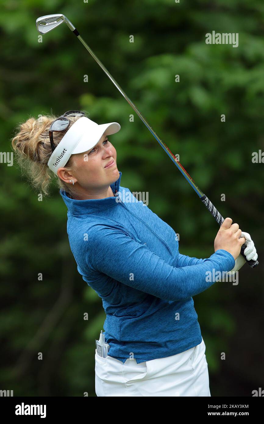Nanna Koerstz Madsen of Denmark tees off on the 7th tee during the third round of the LPGA Volvik Championship at Travis Pointe Country Club in Ann Arbor, MI, on May 26, 2018. (Photo by Jorge Lemus/NurPhoto) Stock Photo