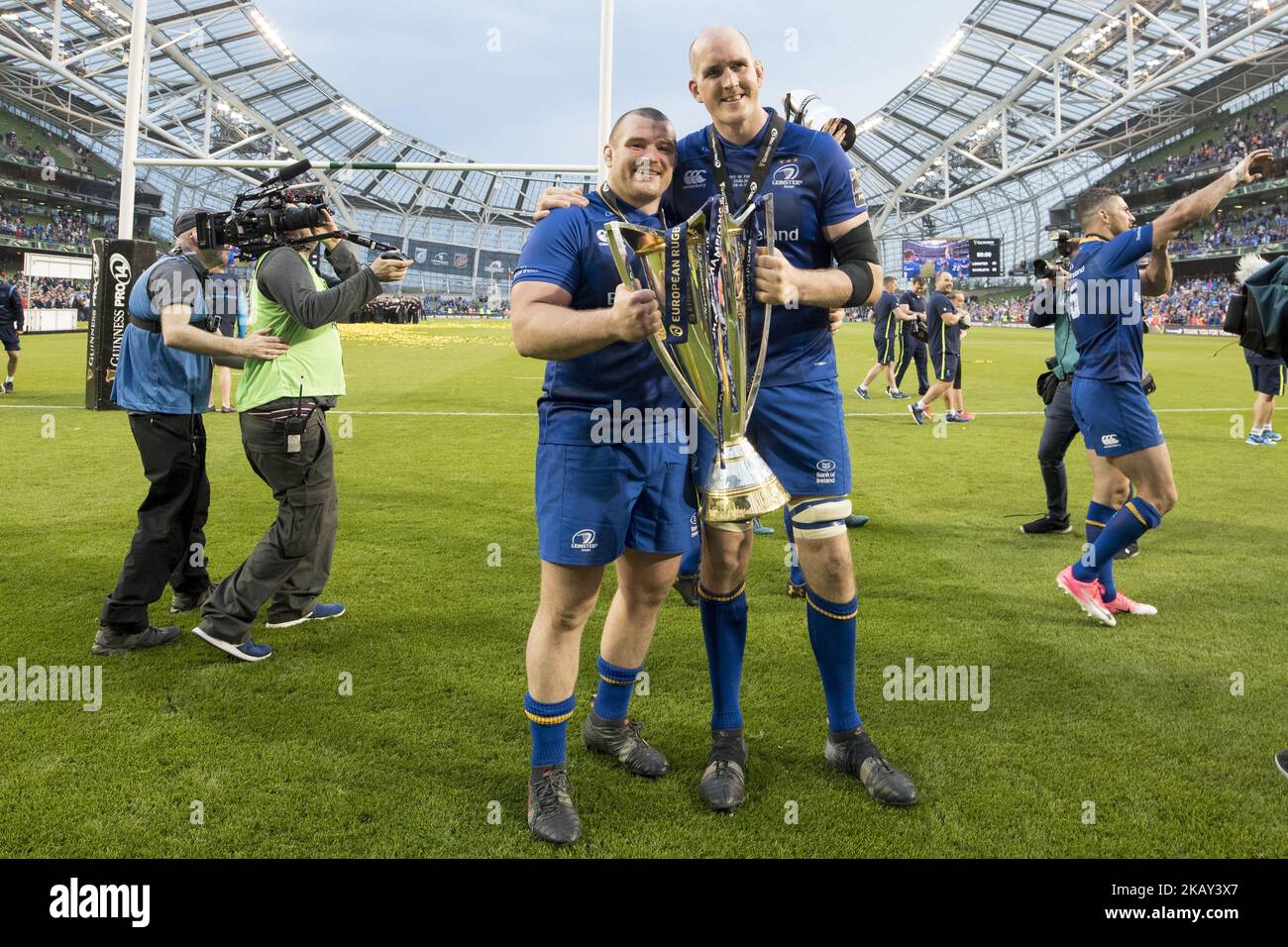 Jack McGrath and Devin Toner of Leinster with the Champions Cup trophy during the Guinness PRO14 Final match between Leinster Rugby and Scarlets at Aviva Stadium in Dublin, Ireland on May 26, 2018 (Photo by Andrew Surma/NurPhoto) Stock Photo