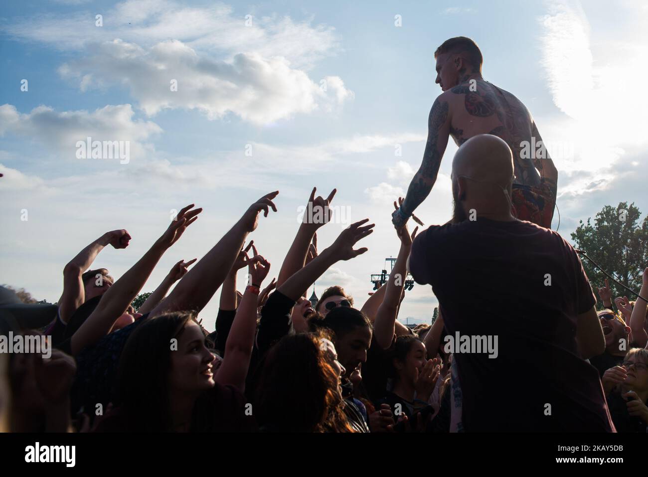 English rock band Frank Carter & The Rattlesnakes performs stage at APE Presents festival al Victoria Park, London on June 1, 2018. Frank Carter & The Rattlesnakes are an English punk rock band formed in 2015 by former Gallows and Pure Love frontman Frank Carter. (Photo by Alberto Pezzali/NurPhoto) Stock Photo