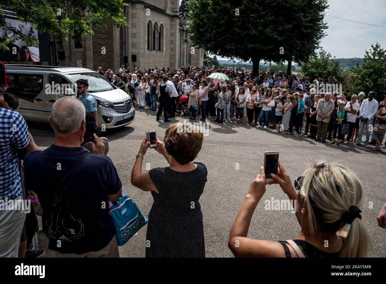 Burials of Maelys De Araujo, murdered after his abduction on August 27, 2017 during a wedding in Pont-de-Beauvoisin. The ceremony took place at the church of Tour-Du-Pin, in Isère, on June 02, 2018. The ceremony was attended by his family, including his father Joachim De Araujo, his mother Jennifer De Araujo and his older sister Colleen De Araujo. Hundreds of people attended the ceremonies inside and outside the church. (Photo by Nicolas Liponne/NurPhoto) Stock Photo