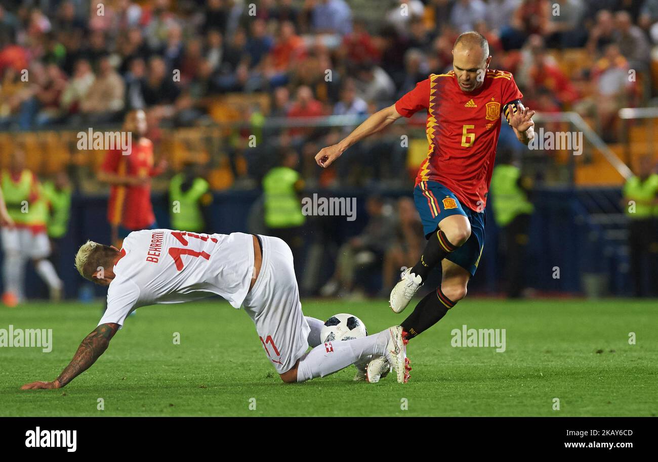 Andres Iniesta of Spain and Valon Behrami of Suisse during the International friendly football match between Spain and Suisse, at La Ceramica Stadium, Vila-real on June 3, 2018 (Photo by Maria Jose Segovia/NurPhoto) Stock Photo