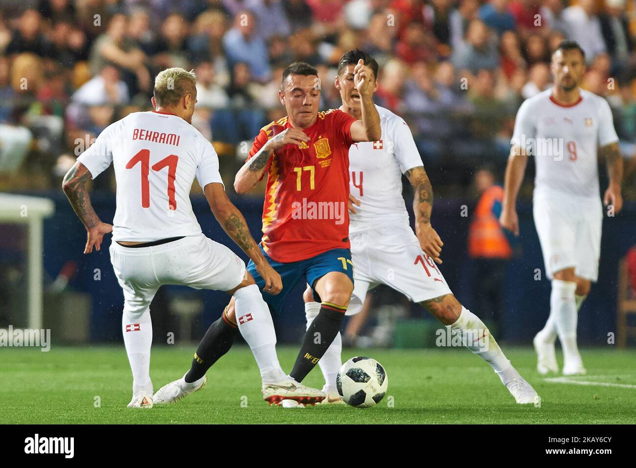 Iago Aspas of Spain and Valon Behrami of Suisse during the International friendly football match between Spain and Suisse, at La Ceramica Stadium, Vila-real on June 3, 2018 (Photo by Maria Jose Segovia/NurPhoto) Stock Photo