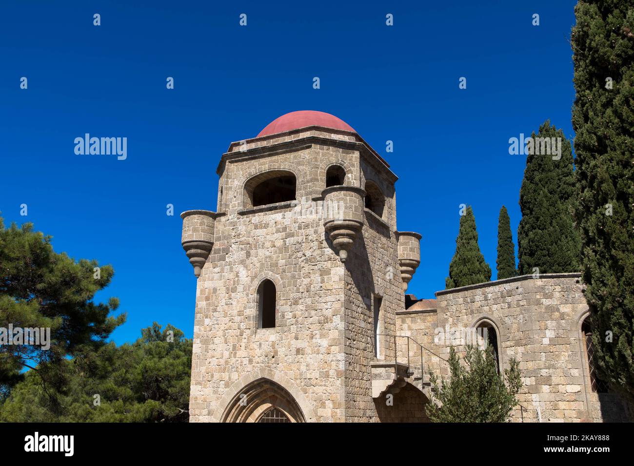 The byzantine monastery of Panagia Filerimos is located on a hill above Ialyssos. Rhodes Island, Greece Stock Photo