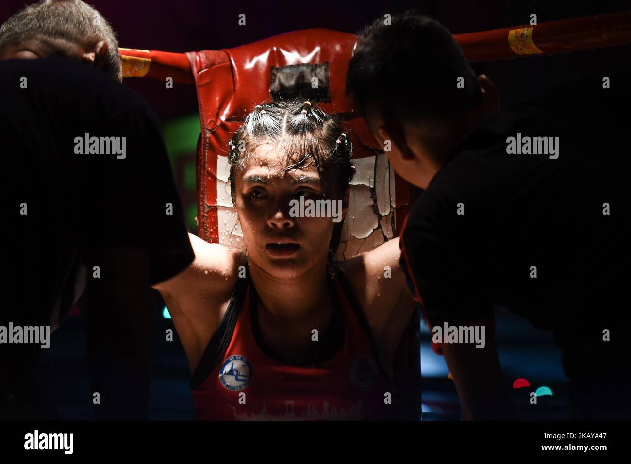 Chabaphai ahead of the last round during a Thai boxing combat between against Gwungthong, in Ladies 58kg category, during Muaythai Monday Evening International Thai Boxing Gala in Thaphae Stadium in Chiang Mai. On Monday, June 11, 2018, Chiang Mai, Chiang Mai Province, Thailand. (Photo by Artur Widak/NurPhoto)  Stock Photo