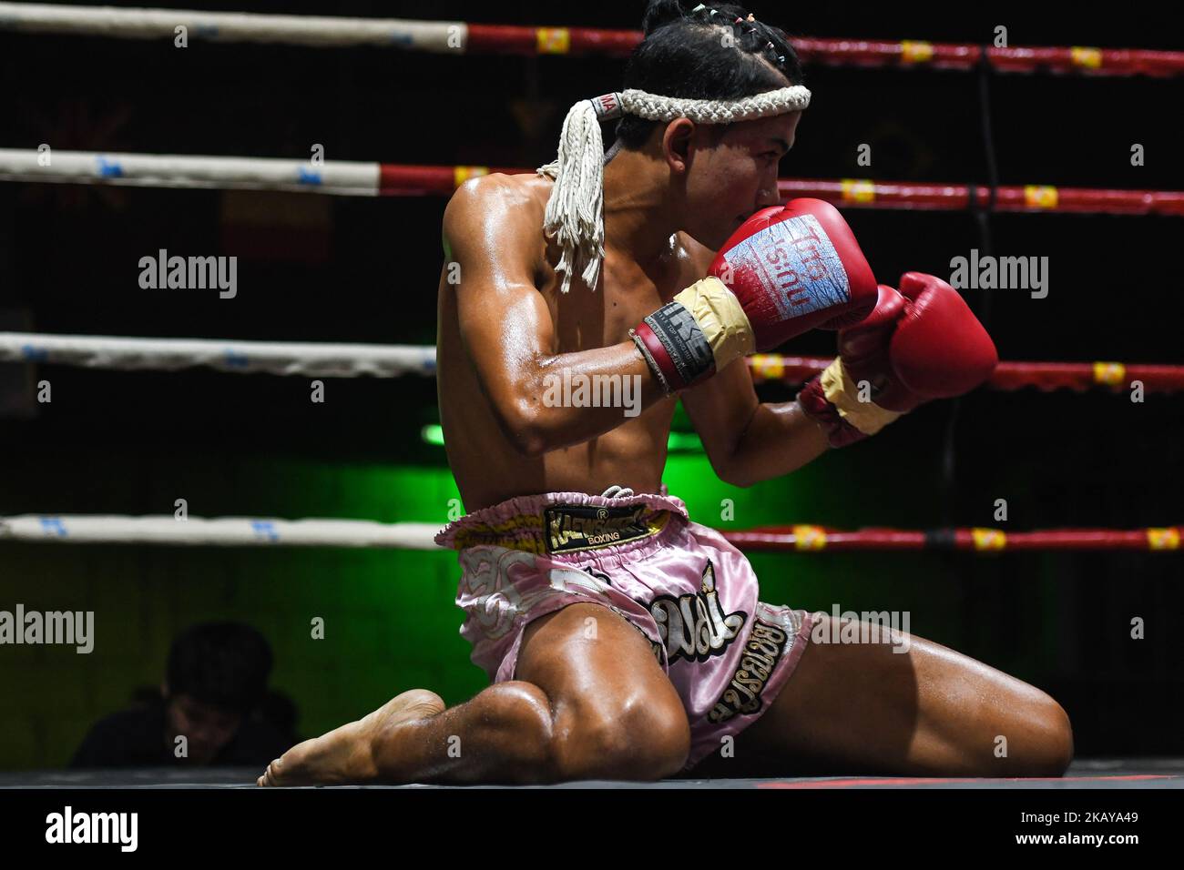 Plerngarom during his introduction ahead of for his Thai boxing combat against Pongsin in 54kg category, during Muaythai Monday Evening International Thai Boxing Gala in Thaphae Stadium in Chiang Mai. On Monday, June 11, 2018, Chiang Mai, Chiang Mai Province, Thailand. (Photo by Artur Widak/NurPhoto)  Stock Photo