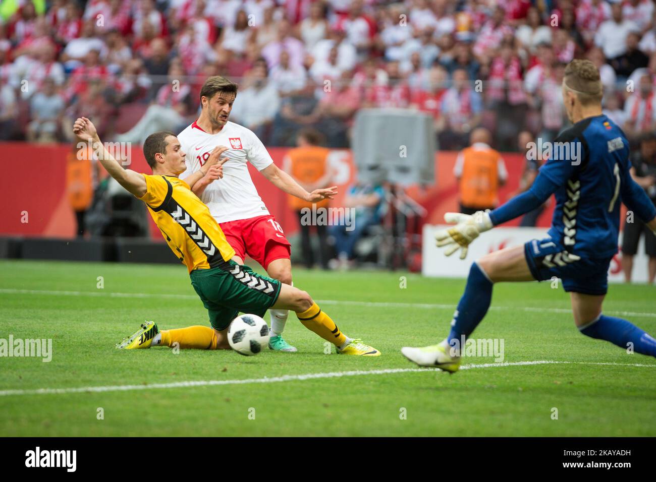 Bartosz Bereszynski (P 18) Rolandas Baravykas (L 23) and Dziugas Bartkus (L 1) during the international friendly soccer match between Poland and Lithuania at the PGE National Stadium in Warsaw, Poland on 12 June 2018 (Photo by Mateusz Wlodarczyk/NurPhoto) Stock Photo