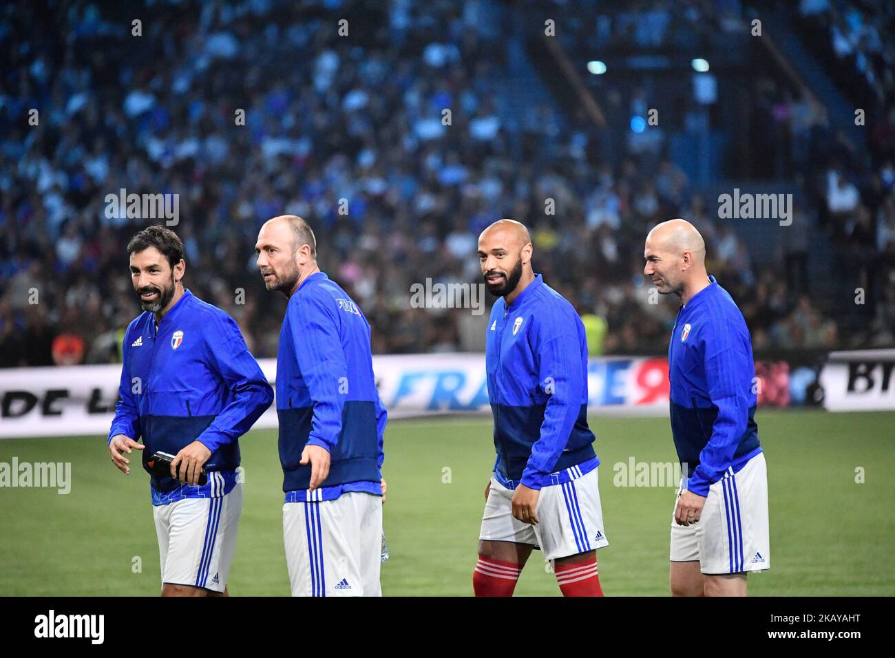 (LTR) Robert Pires, Francj Leboeuf, Thierry Henri and Zinedine Zidane before the Legends Game match between France 98 and Fifa 98 at U Arena on June 12, 2018 in Nanterre, France. (Photo by Julien Mattia/NurPhoto) Stock Photo