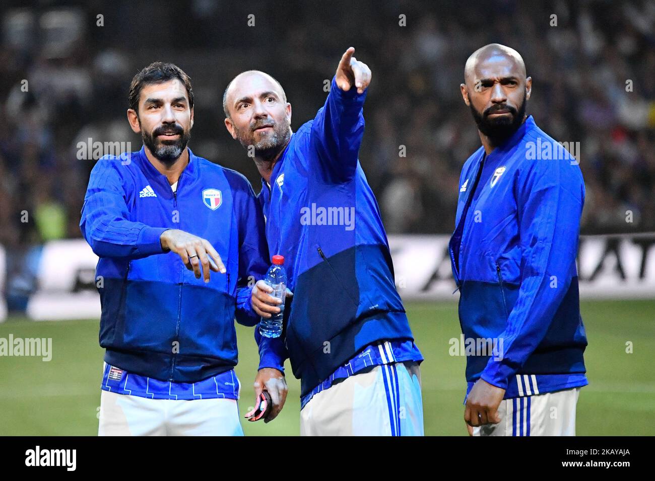 (LTR) Robert Pires, Francj Leboeuf and Thierry Henri before the Legends Game match between France 98 and Fifa 98 at U Arena on June 12, 2018 in Nanterre, France. (Photo by Julien Mattia/NurPhoto) Stock Photo
