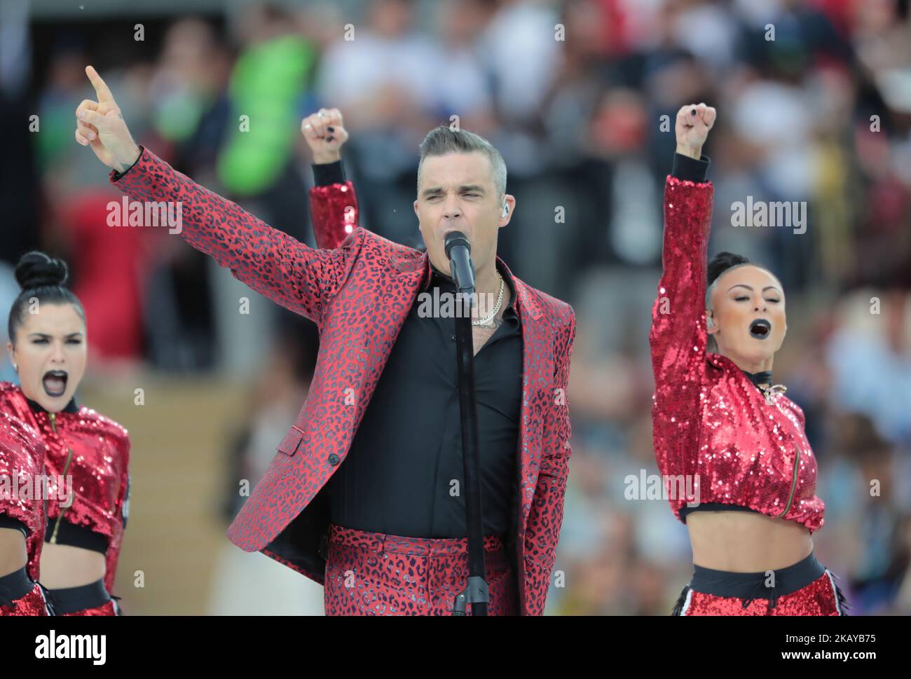 Robbie Wiliams perfoms during the Opening ceremony FIFA World Cup 2018 before the group A match between Russia and Saudi Arabia at the 2018 soccer World Cup at Luzhniki stadium in Moscow, Russia, Tuesday, June 14, 2018. (Photo by Anatolij Medved/NurPhoto) Stock Photo