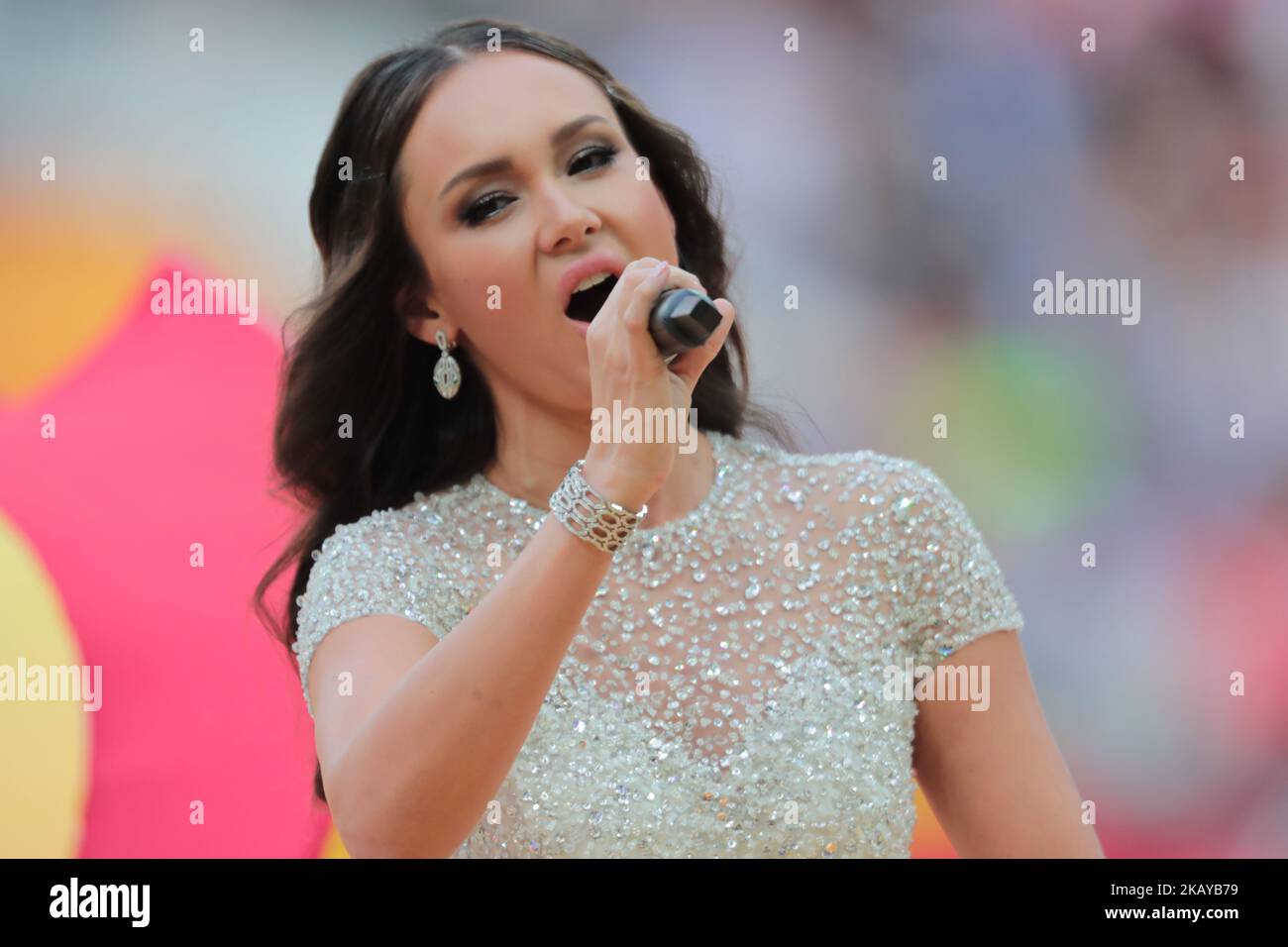 Aida Garifullina performs during Opening Ceremony of FIFA World Cup 2018 before the group A match between Russia and Saudi Arabia at the 2018 soccer World Cup at Luzhniki stadium in Moscow, Russia, Tuesday, June 14, 2018. (Photo by Anatolij Medved/NurPhoto) Stock Photo