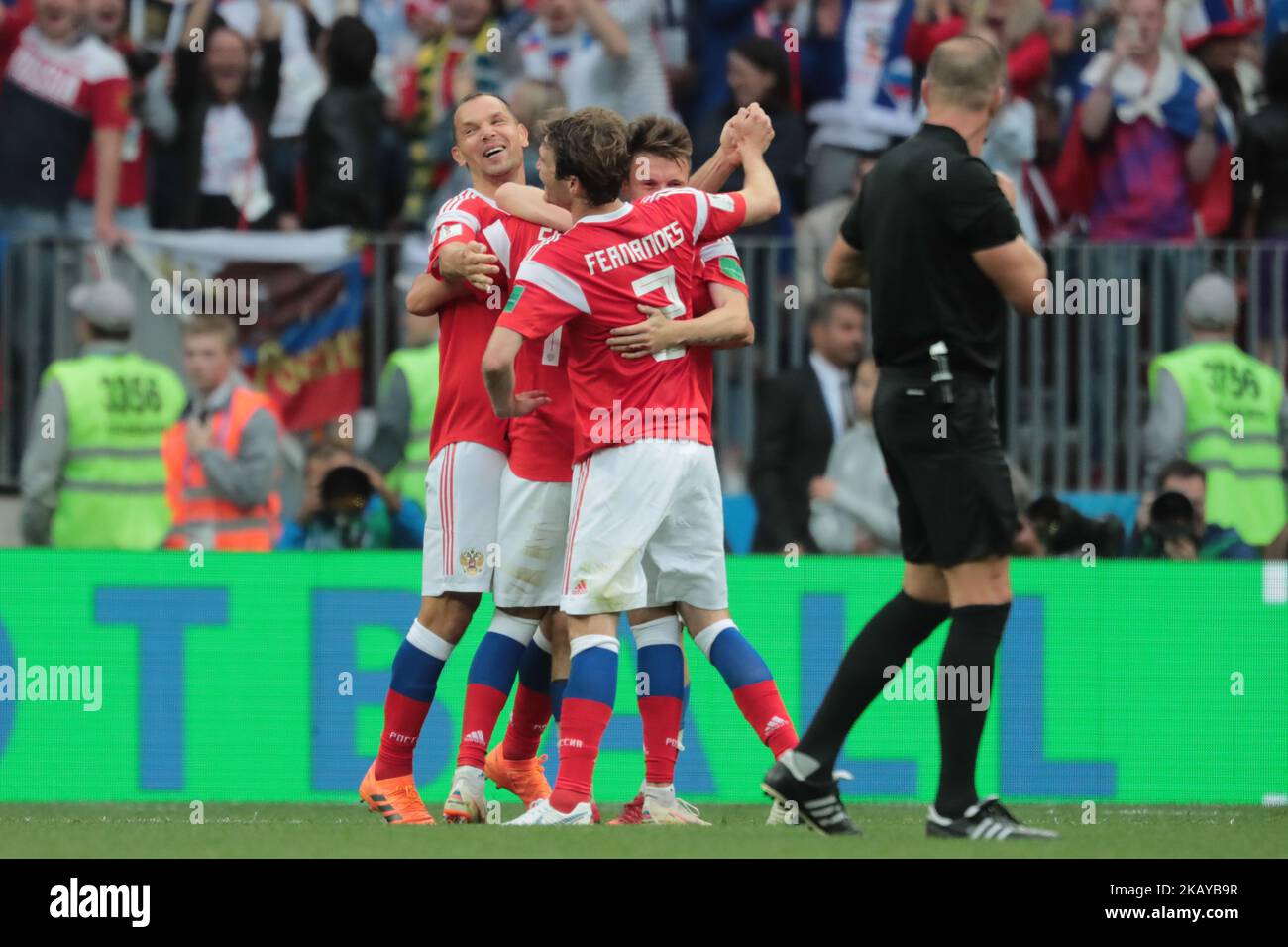 Russian National team celebrate during the group A match between Russia and Saudi Arabia at the 2018 soccer World Cup at Luzhniki stadium in Moscow, Russia, Tuesday, June 14, 2018. (Photo by Anatolij Medved/NurPhoto) Stock Photo