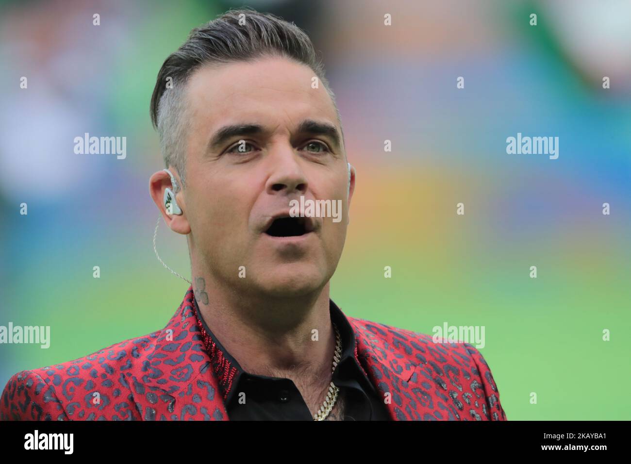 Robbie Wiliams perfoms during the Opening ceremony FIFA World Cup 2018 before the group A match between Russia and Saudi Arabia at the 2018 soccer World Cup at Luzhniki stadium in Moscow, Russia, Tuesday, June 14, 2018. (Photo by Anatolij Medved/NurPhoto) Stock Photo