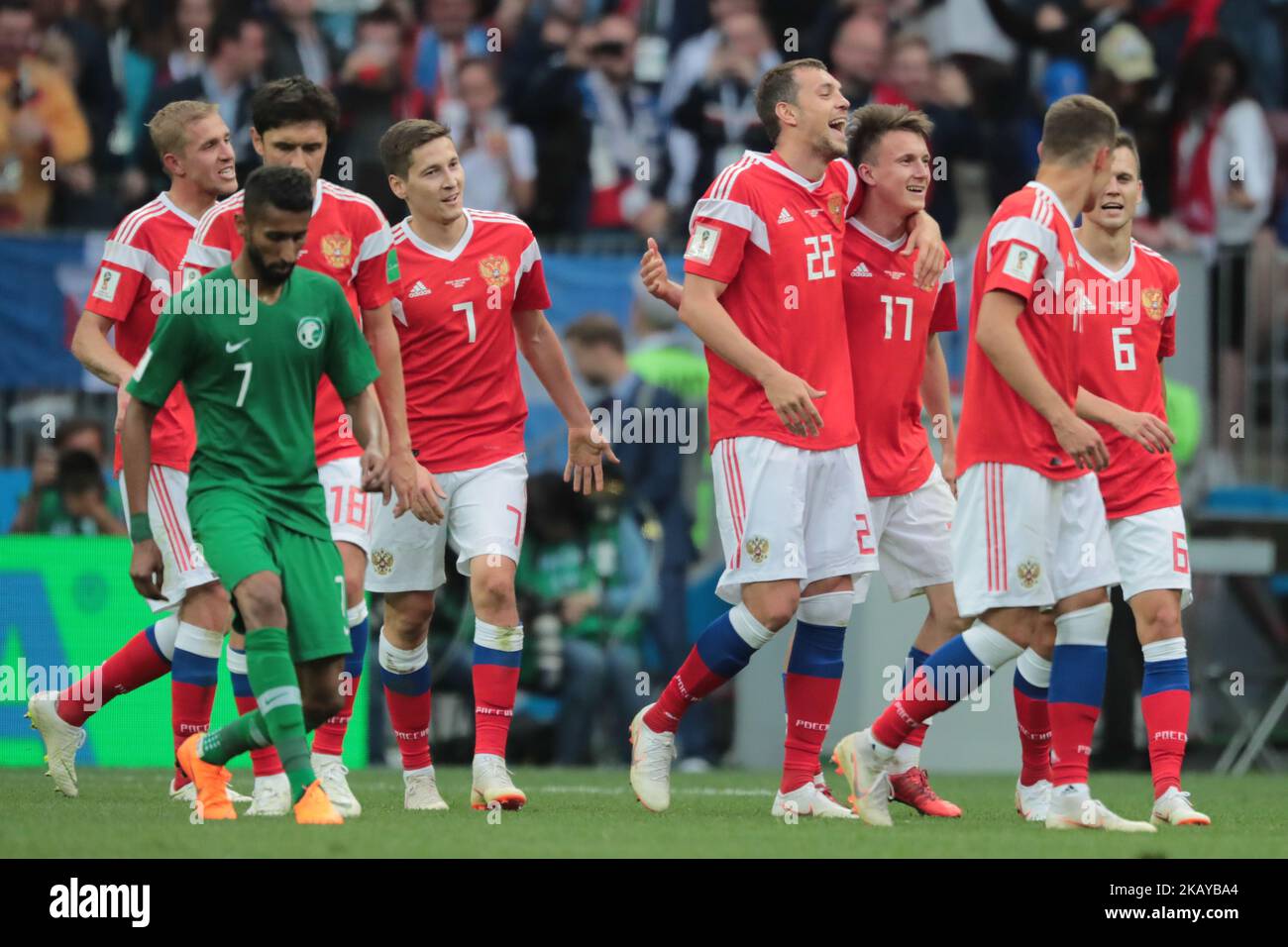 Russian National team celebrate during the group A match between Russia and Saudi Arabia at the 2018 soccer World Cup at Luzhniki stadium in Moscow, Russia, Tuesday, June 14, 2018. (Photo by Anatolij Medved/NurPhoto) Stock Photo