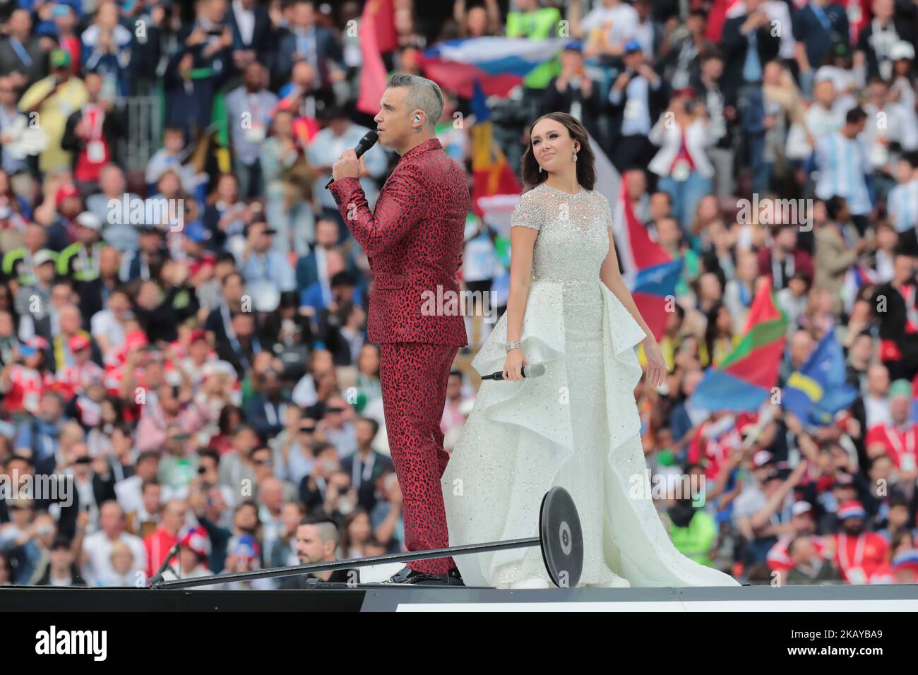 Robbie Wiliams and Aida Garifullina performs during Opening Ceremony of FIFA World Cup 2018 before the group A match between Russia and Saudi Arabia at the 2018 soccer World Cup at Luzhniki stadium in Moscow, Russia, Tuesday, June 14, 2018. (Photo by Anatolij Medved/NurPhoto) Stock Photo