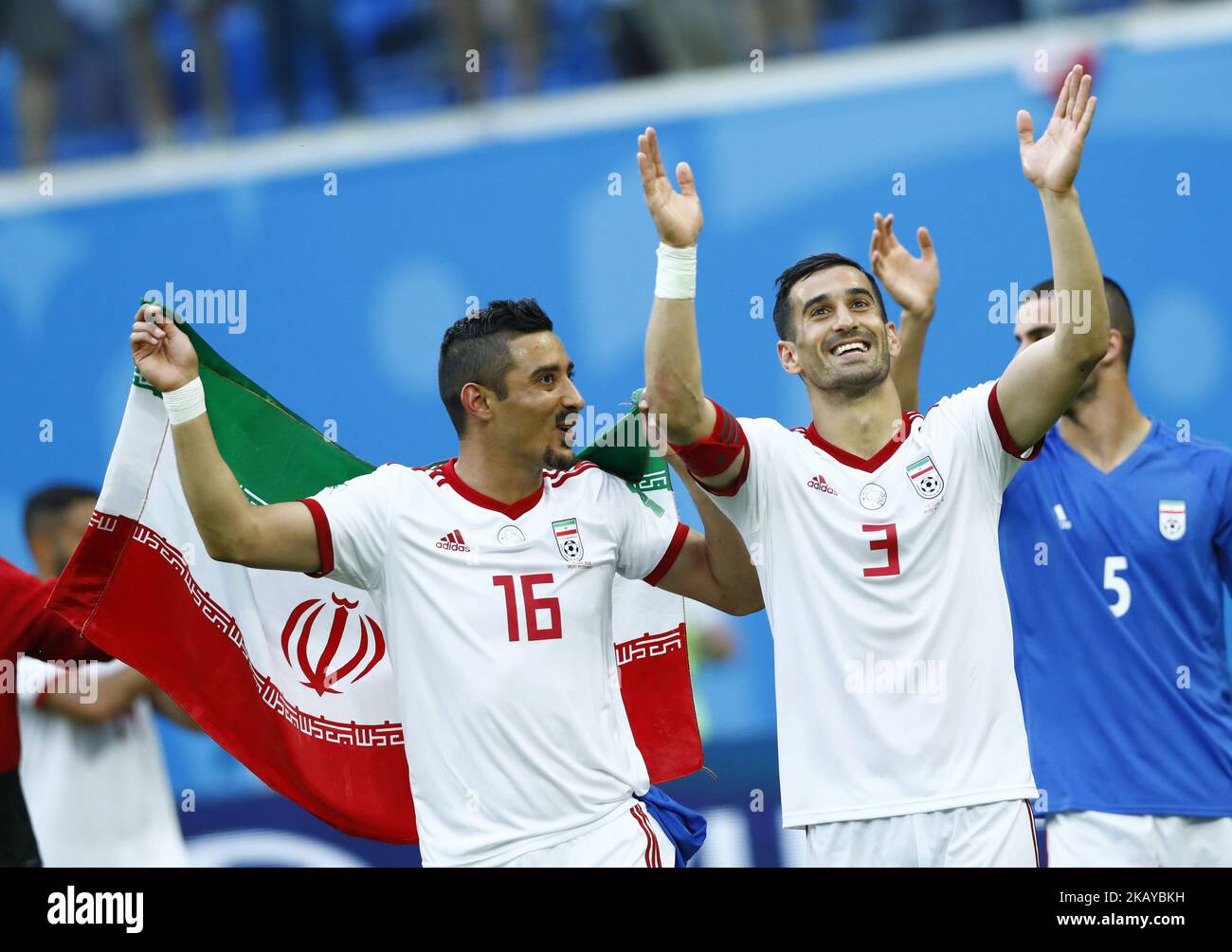 Group B Morocco v IR Iran - FIFA World Cup Russia 2018 Reza Ghoochannejhad (Iran) and Ehsan Haji Safi (Iran) celebrate the victory at Saint Petersburg Stadium , Russia on June 15, 2018. (Photo by Matteo Ciambelli/NurPhoto)  Stock Photo