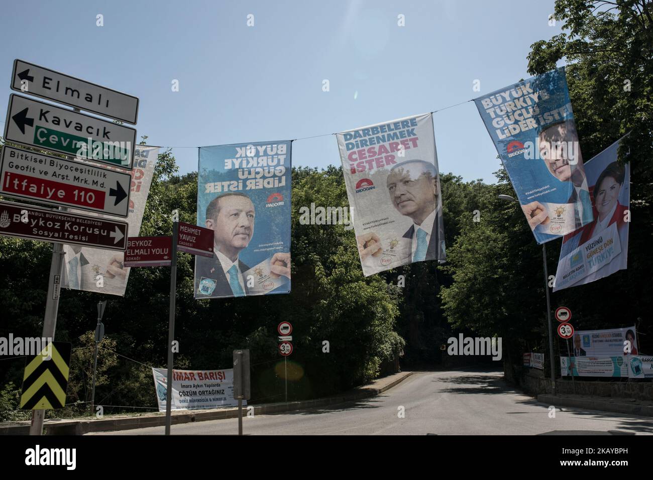 Few days left for the general elections in Turkey, the candidates keep on doing their campaigns. In many different parts of Istanbul ranging from rural areas to the crowded central areas, large posters of the current president, Erdogan are hanging. (Photo by Erhan Demirtas/NurPhoto) Stock Photo