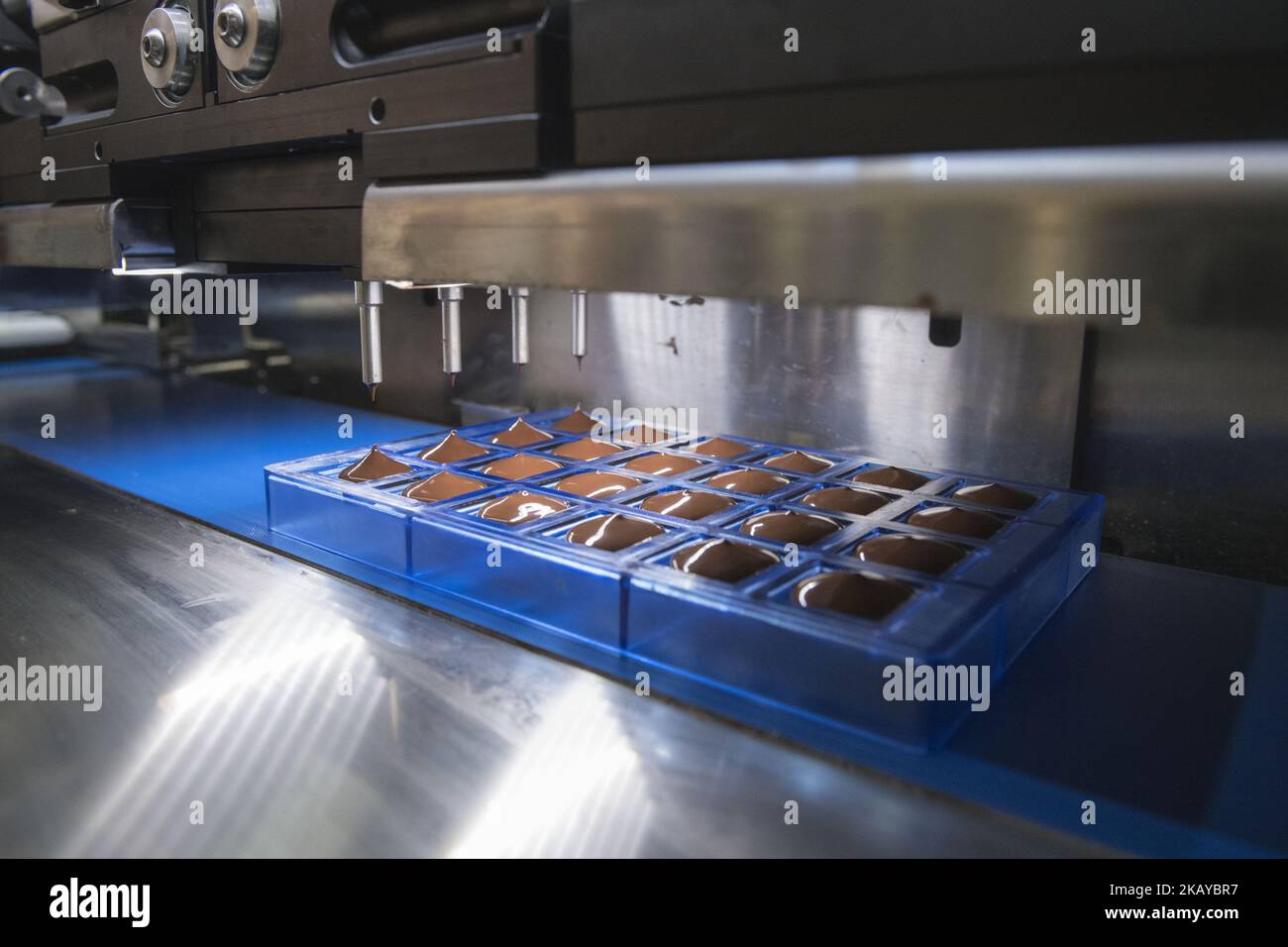 Machine to make the chocolates of the Italian company Selmi is shown