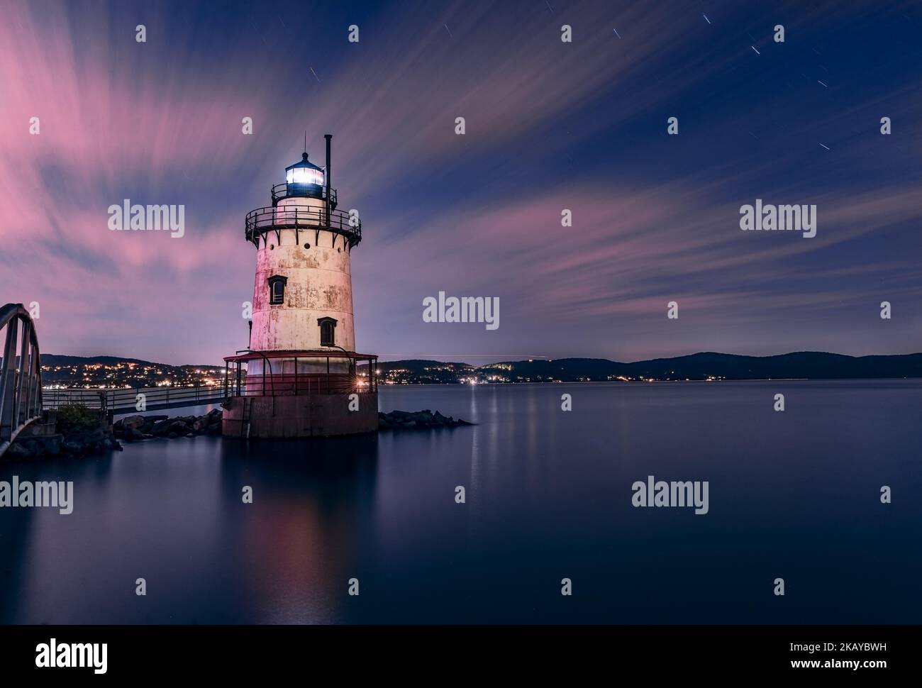 A beautiful night view of the Tarrytown Lighthouse in Sleepy Hollow, NY, with long exposure clouds Stock Photo