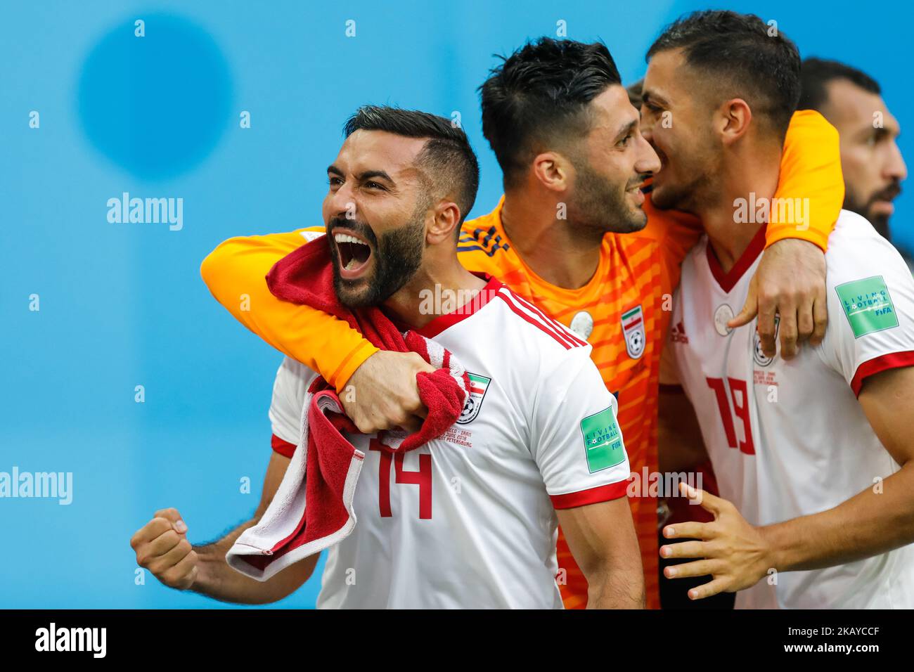 (L to R) Saman Ghoddos, Ali Beiranvand and Majid Hosseini of IR Iran national team celebrate a goal during the 2018 FIFA World Cup Russia Group B match between Morocco and IR Iran on June 15, 2018 at Saint Petersburg Stadium in Saint Petersburg, Russia. (Photo by Mike Kireev/NurPhoto) Stock Photo