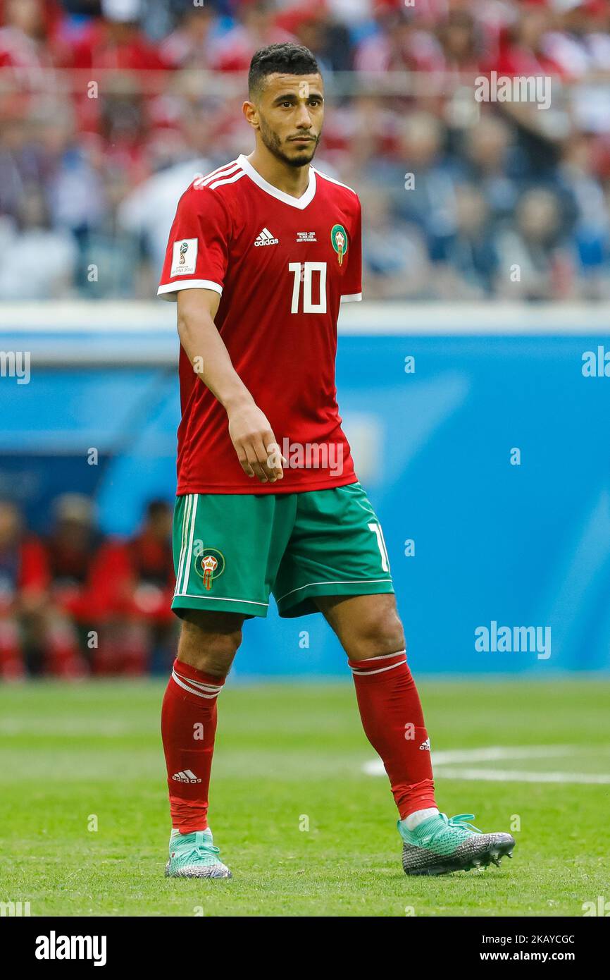 Younes Belhanda of Morocco national team during the 2018 FIFA World Cup Russia Group B match between Morocco and IR Iran on June 15, 2018 at Saint Petersburg Stadium in Saint Petersburg, Russia. (Photo by Mike Kireev/NurPhoto) Stock Photo