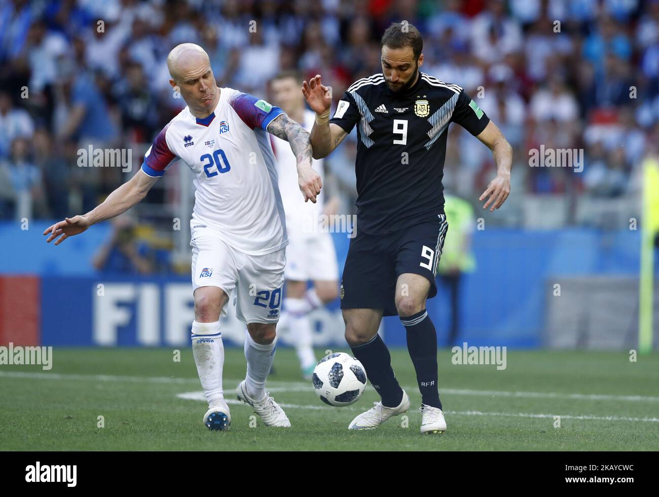 Emil Hallfredsson (Iceland) and Gonzalo Higuain (Argentina) during the 2018 FIFA World Cup Russia group D match between Argentina and Iceland at the Spartak Stadium on June 16, 2018 in Moscow, Russia. (Photo by Matteo Ciambelli/NurPhoto) Stock Photo