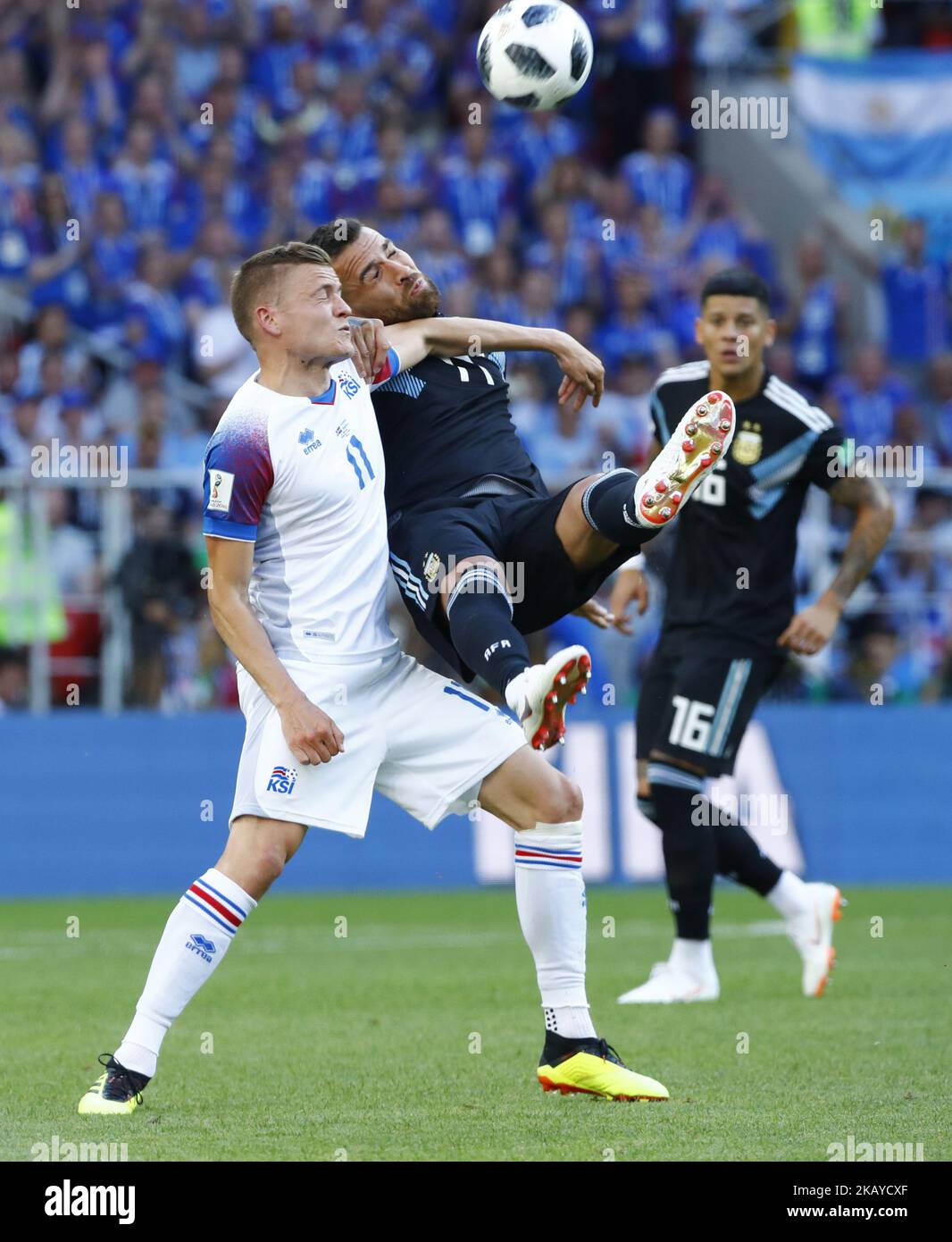 Alfred Finnbogason (Iceland) and Nicolas Otamendi (Argentina) during the 2018 FIFA World Cup Russia group D match between Argentina and Iceland at the Spartak Stadium on June 16, 2018 in Moscow, Russia. (Photo by Matteo Ciambelli/NurPhoto) Stock Photo