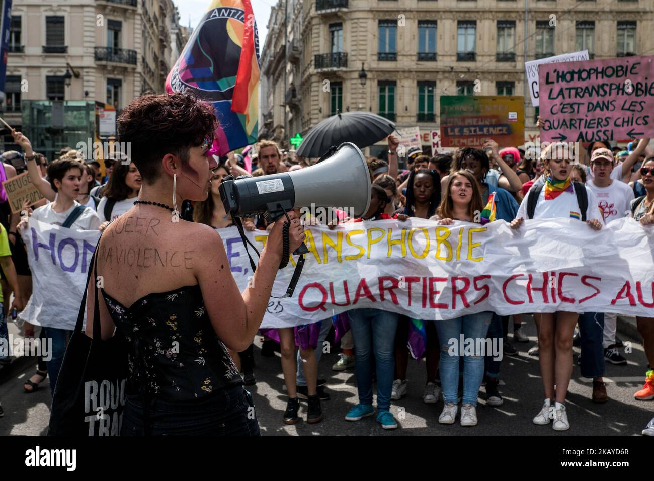 Tens of thousands take part in the annual Gay Pride Parade in Lyon, eastern France on June 16, 2018. Tens of thousands took to the streets waving rainbow flags and condemning discrimination in all its forms. (Photo by Nicolas Liponne/NurPhoto) Stock Photo