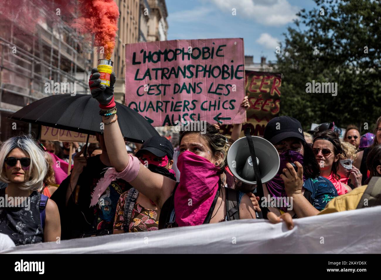 Tens of thousands take part in the annual Gay Pride Parade in Lyon, eastern France on June 16, 2018. Tens of thousands took to the streets waving rainbow flags and condemning discrimination in all its forms. (Photo by Nicolas Liponne/NurPhoto) Stock Photo