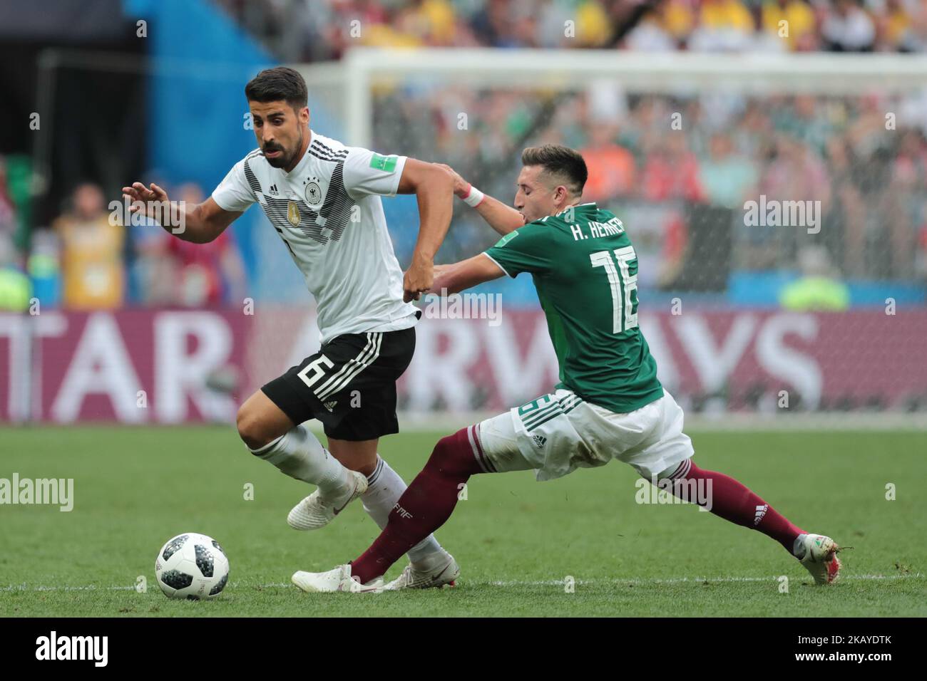 midfielder Sami Khedira of Germany National team and defender Hector Herrera of Mexico National team during the group F match between Germany and Mexico at the 2018 soccer World Cup at Luzhniki stadium in Moscow, Russia, Sunday, June 17, 2018. (Photo by Anatolij Medved/NurPhoto) Stock Photo
