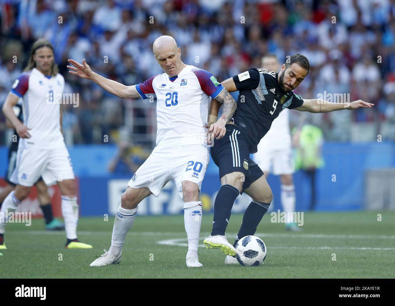 Group D Argetnina v Iceland - FIFA World Cup Russia 2018 Emil Hallfredsson (Iceland) and Gonzalo Higuain (Argentina) at Spartak Stadium in Moscow, Russia on June 16, 2018. (Photo by Matteo Ciambelli/NurPhoto)  Stock Photo