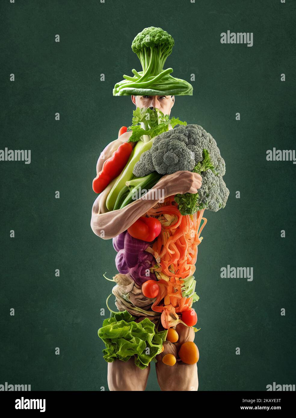 Illustration of a man made from vegetables like broccoli and string