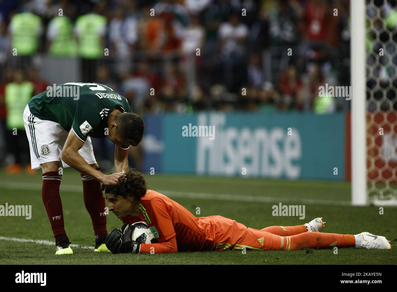 Hector Moreno and Guillermo Ochoa during the 2018 FIFA World Cup Russia group F match between Germany and Mexico at Luzhniki Stadium on June 17, 2018 in Moscow, Russia. (Photo by Mehdi Taamallah/NurPhoto) Stock Photo