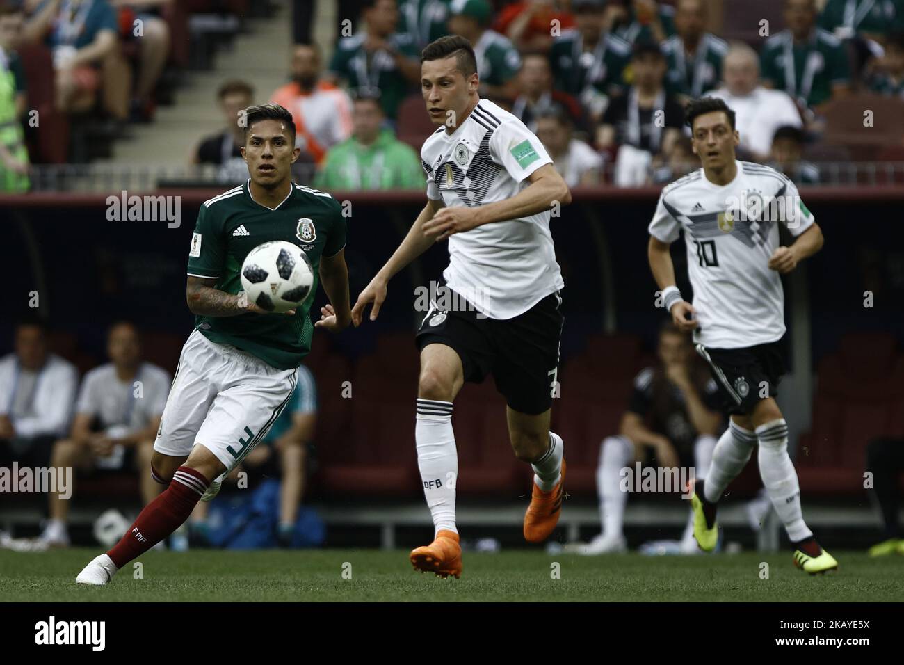 Carlos Salcedo, Julian Draxler, Mesut Oezil during the 2018 FIFA World Cup Russia group F match between Germany and Mexico at Luzhniki Stadium on June 17, 2018 in Moscow, Russia. (Photo by Mehdi Taamallah/NurPhoto) Stock Photo