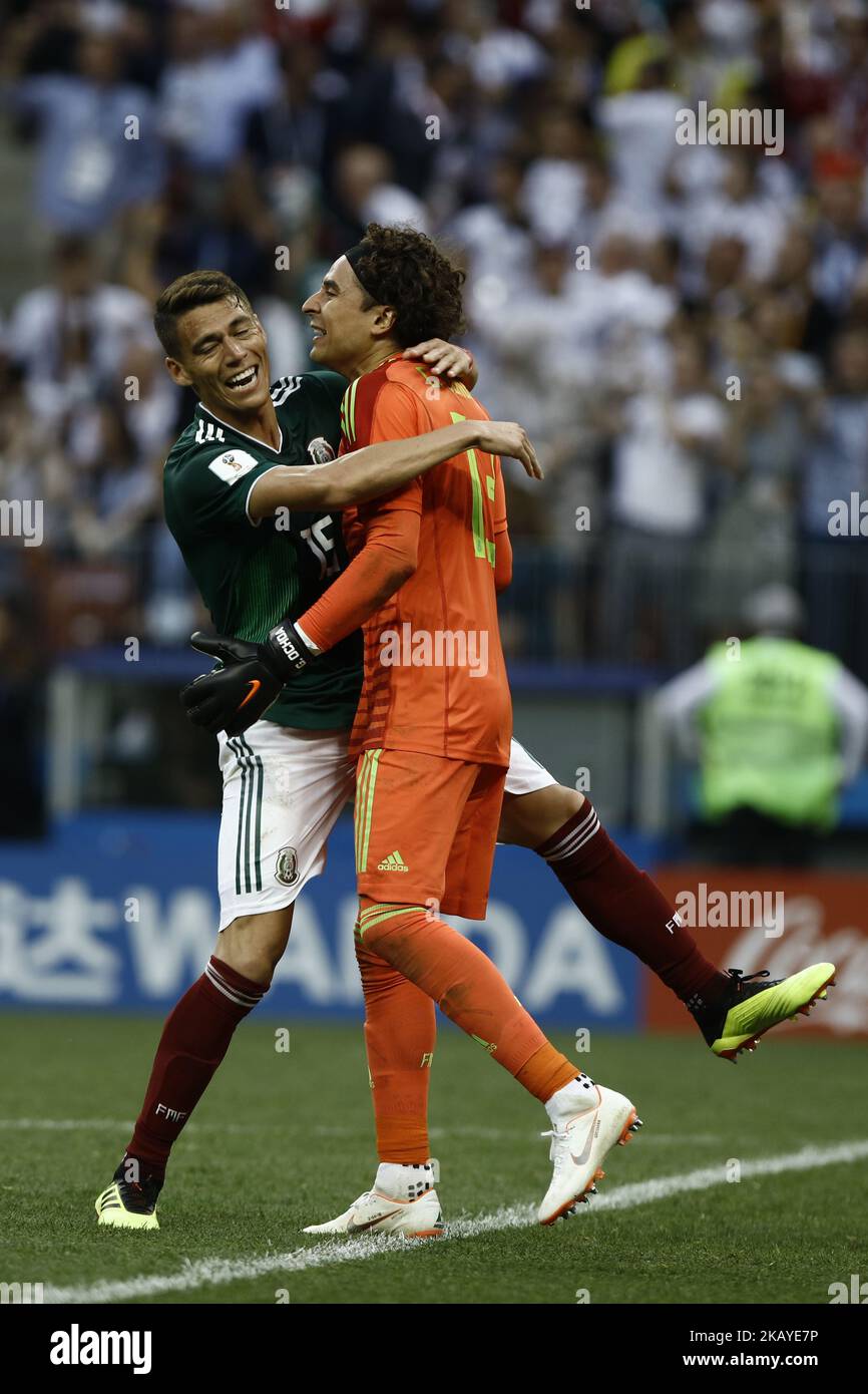Hector Moreno and Guillermo Ochoa during the 2018 FIFA World Cup Russia group F match between Germany and Mexico at Luzhniki Stadium on June 17, 2018 in Moscow, Russia. (Photo by Mehdi Taamallah/NurPhoto) Stock Photo