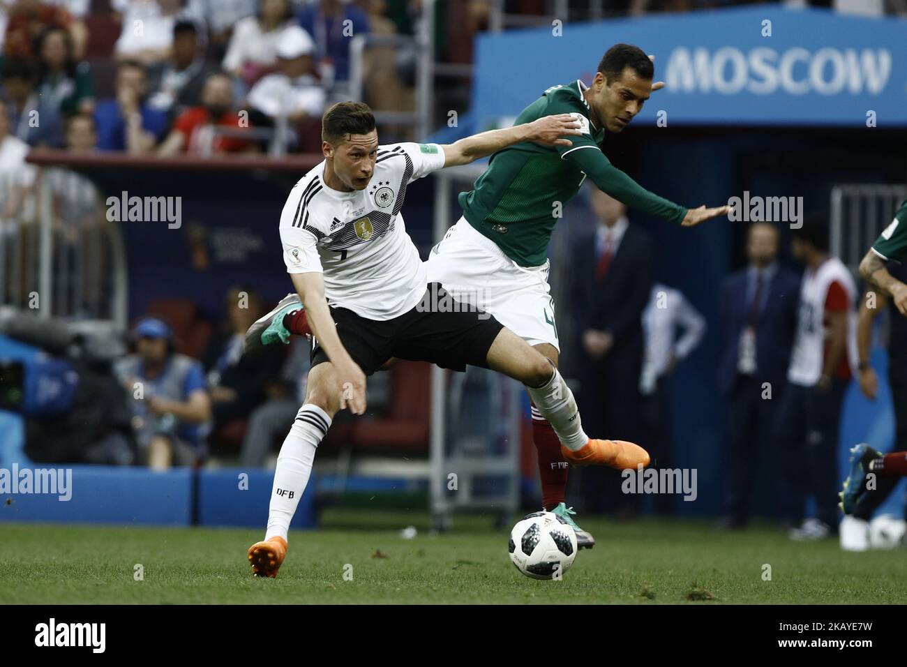 Julian Draxler and Rafael Marquez during the 2018 FIFA World Cup Russia group F match between Germany and Mexico at Luzhniki Stadium on June 17, 2018 in Moscow, Russia. (Photo by Mehdi Taamallah/NurPhoto) Stock Photo