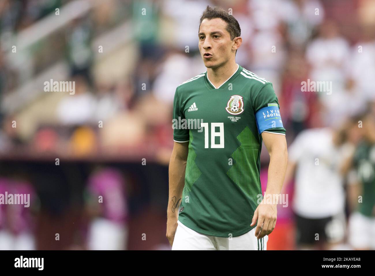Andres Guardado of Mexico looks on during the 2018 FIFA World Cup Russia Group F match between Germany and Mexico at Luzhniki Stadium in Moscow, Russia on June 17, 2018 (Photo by Andrew Surma/NurPhoto) Stock Photo